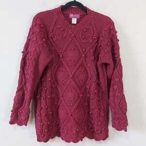 Bronte Women Retro Cotton Cable Hand Knit Sweater Small Burgundy Chunky Stretch